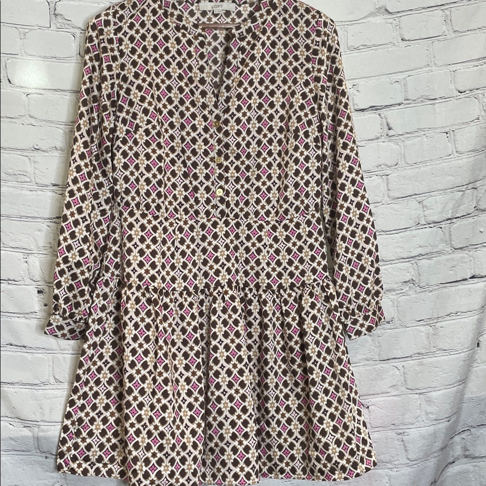 Loft Brown & Pink Long Sleeve Tiered Dress Size 8 Excellent Condition